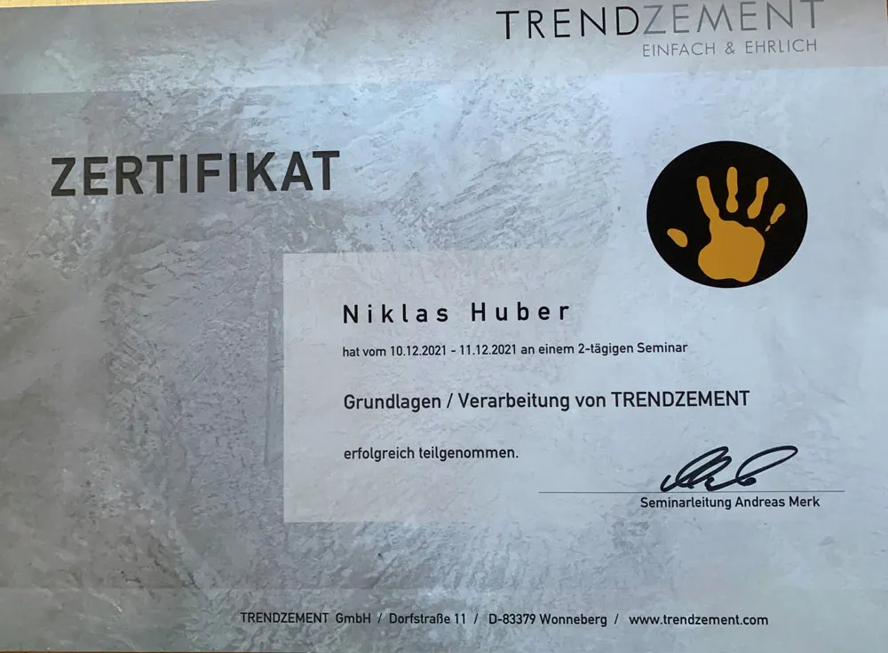 Zertifikat Trendzement, Niklas Huber
