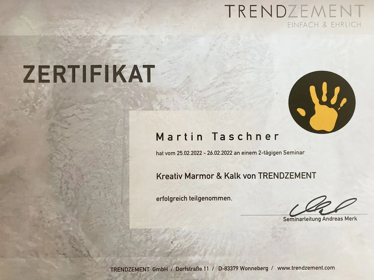 Zertifikat Kreativ Marmor und Kalk, Martin Taschner