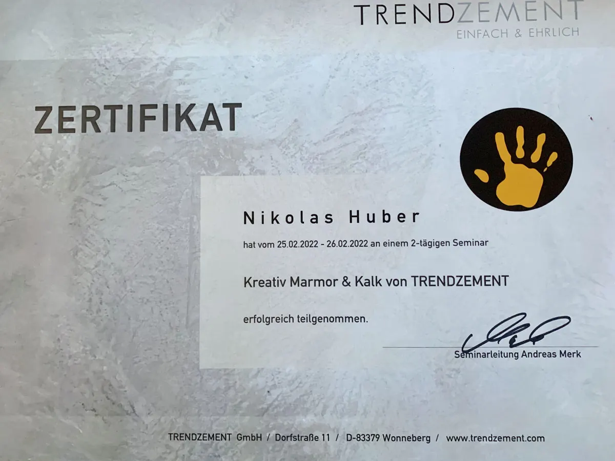 Zertifikat Kreativ Marmor und Kalk, Niklas Huber