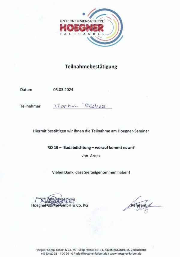 Urkunde Badabdichtungen