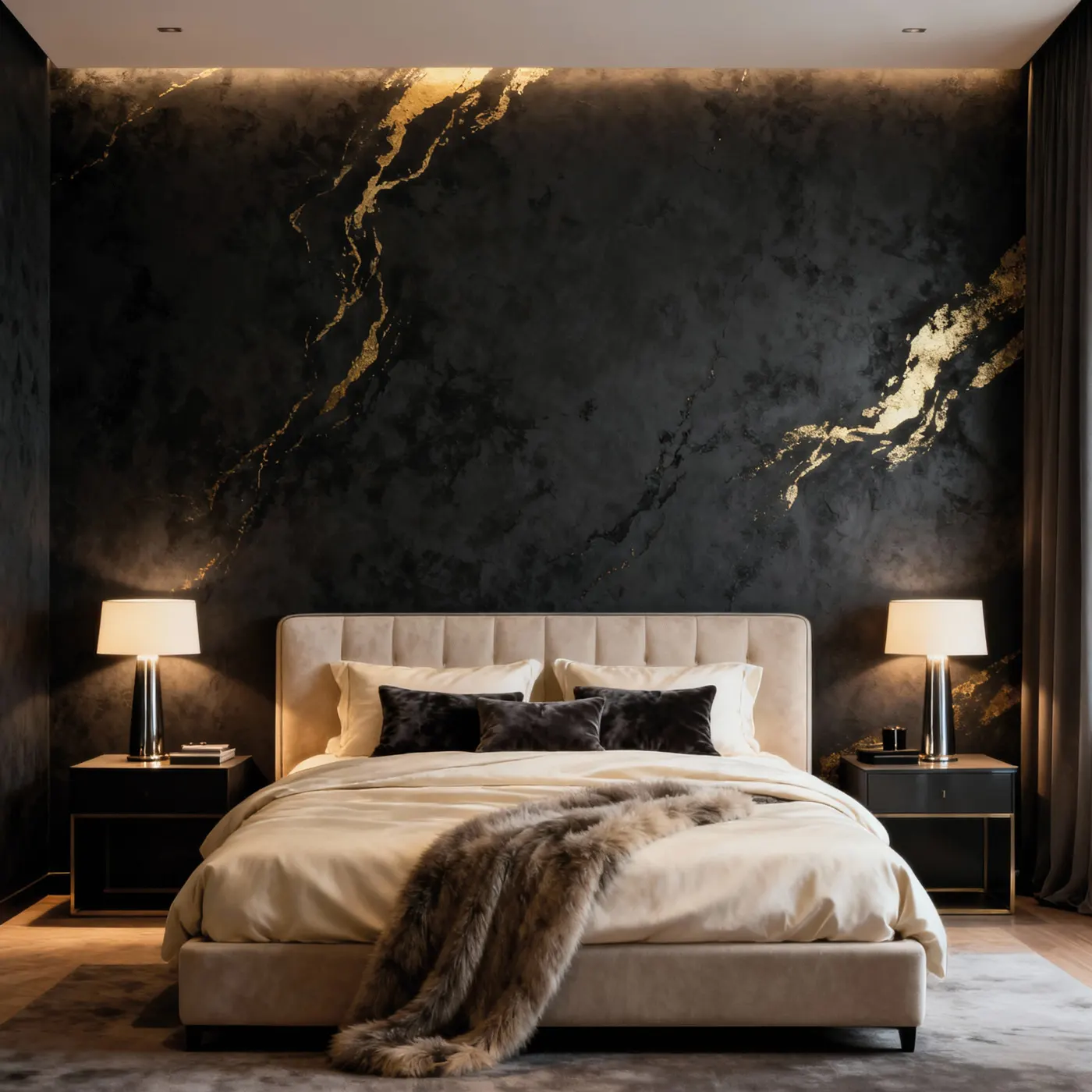 Schlafzimmer mit exklusiver Wandoberfläche